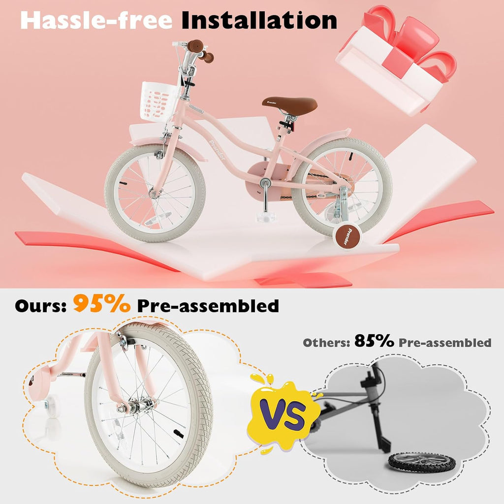 BABY JOY Kids Bike, 12 14 16 18 20 Inch Boys Girls Bike w/Adjustable Seat, Removable Basket, Handbrake & Coaster Brake, Training Wheels or Kickstand, Kids Bicycle with Multi-Color