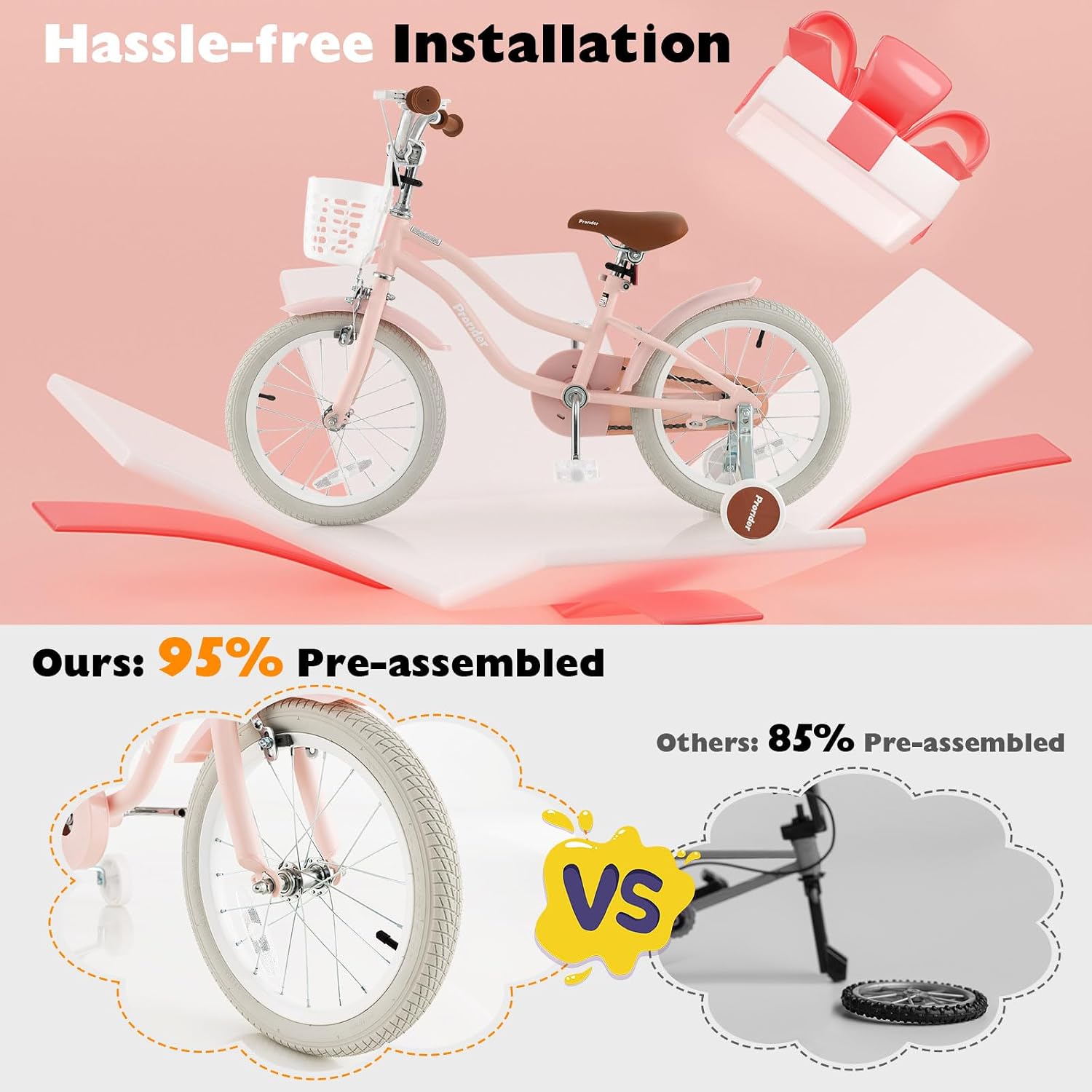 BABY JOY Kids Bike, 12 14 16 18 20 Inch Boys Girls Bike w/Adjustable Seat, Removable Basket, Handbrake & Coaster Brake, Training Wheels or Kickstand, Kids Bicycle with Multi-Color