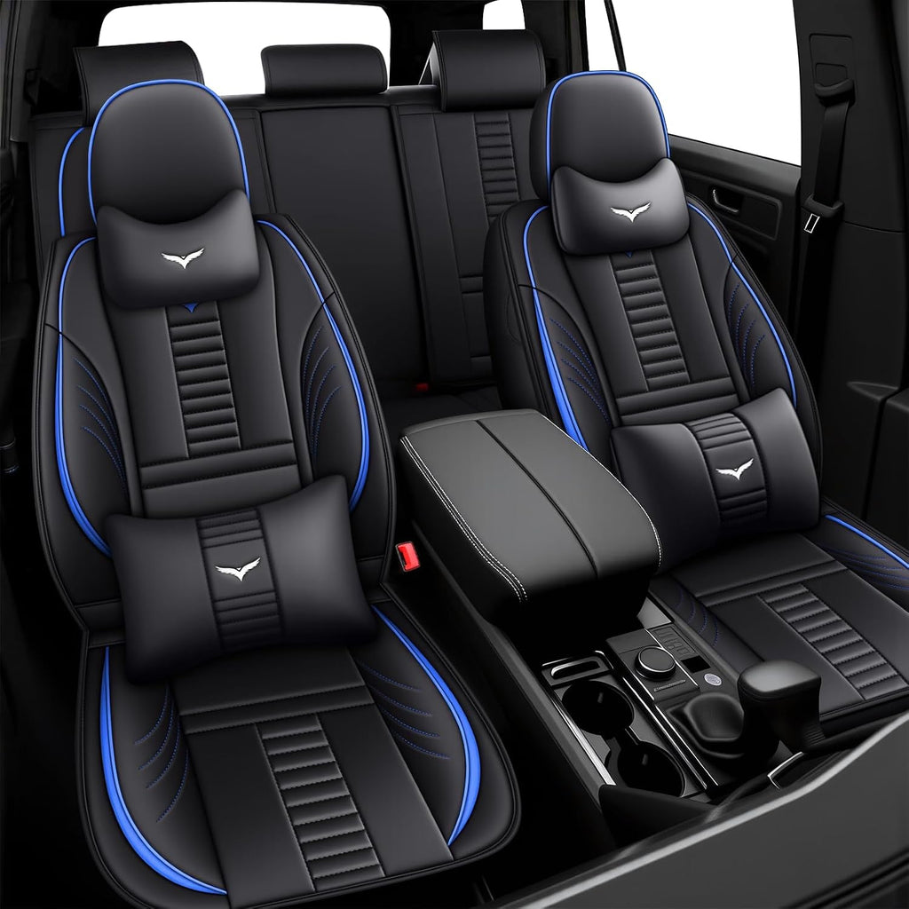 5 Car Seat Covers for Dodge Dart 2000-2025,Waterproof Seat Covers Full Set with Storage Pockets,Easy to Install Cover Set with Airbag,Auto Vehicle Cushion with Pillows(Luxury,Blue,Black)