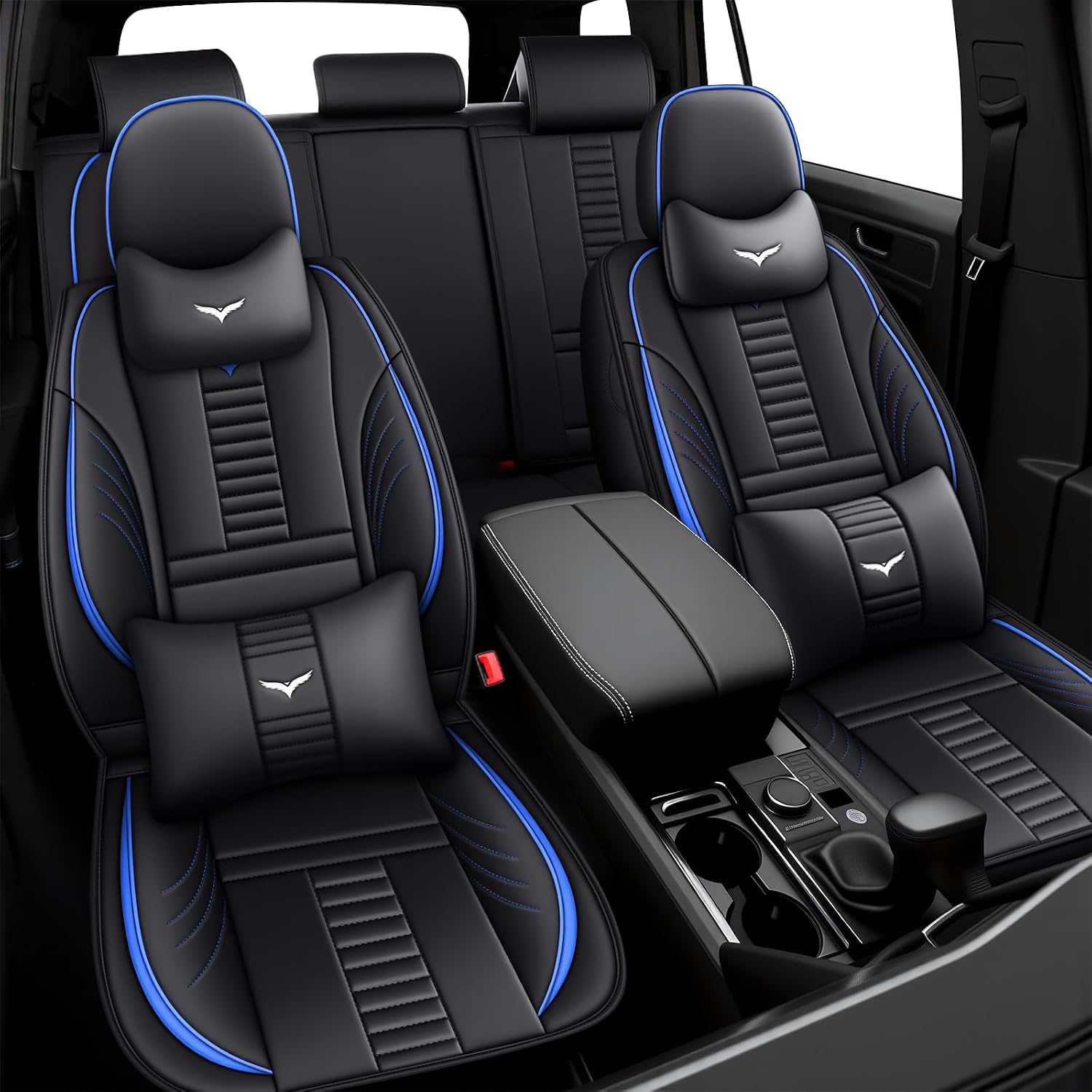 5 Car Seat Covers for Dodge Dart 2000-2025,Waterproof Seat Covers Full Set with Storage Pockets,Easy to Install Cover Set with Airbag,Auto Vehicle Cushion with Pillows(Luxury,Blue,Black)