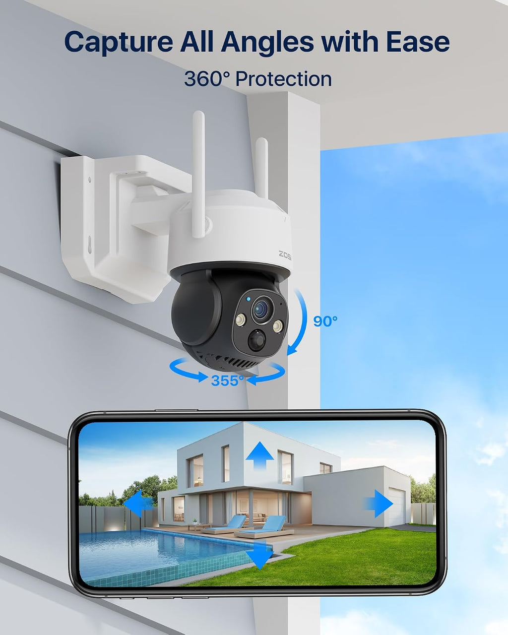 ZOSI C291 4 x 2.5K 4MP Wireless Battery Security Camera Outdoor, Solar Powered Pan/Tilt Camera, 360 View, Human Detect, Auto Track, Color Night Vision, 2-Way Talk, Light Siren Alarm, 32GB Memory Card