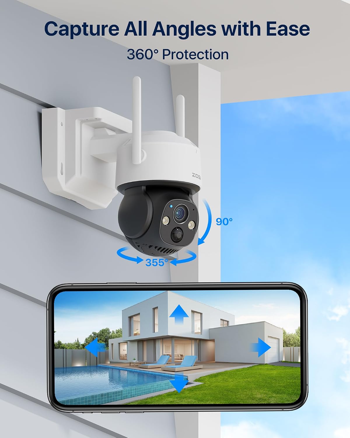 ZOSI C291 4 x 2.5K 4MP Wireless Battery Security Camera Outdoor, Solar Powered Pan/Tilt Camera, 360 View, Human Detect, Auto Track, Color Night Vision, 2-Way Talk, Light Siren Alarm, 32GB Memory Card