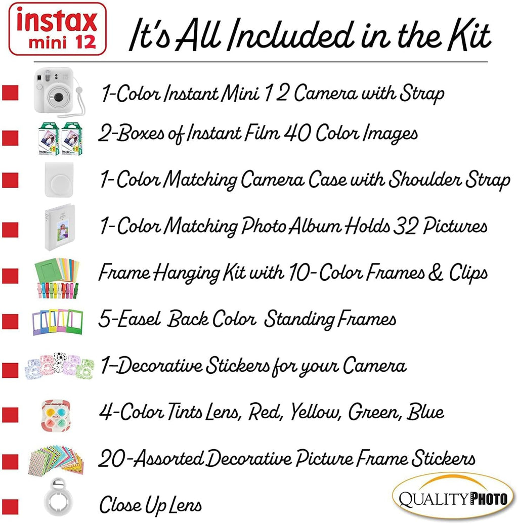 Fujifilm Instax Mini 12 Instant Camera with Case, 40 Fuji Films, Decoration Stickers, Frames, Photo Album and More Accessory kit (Clay White)