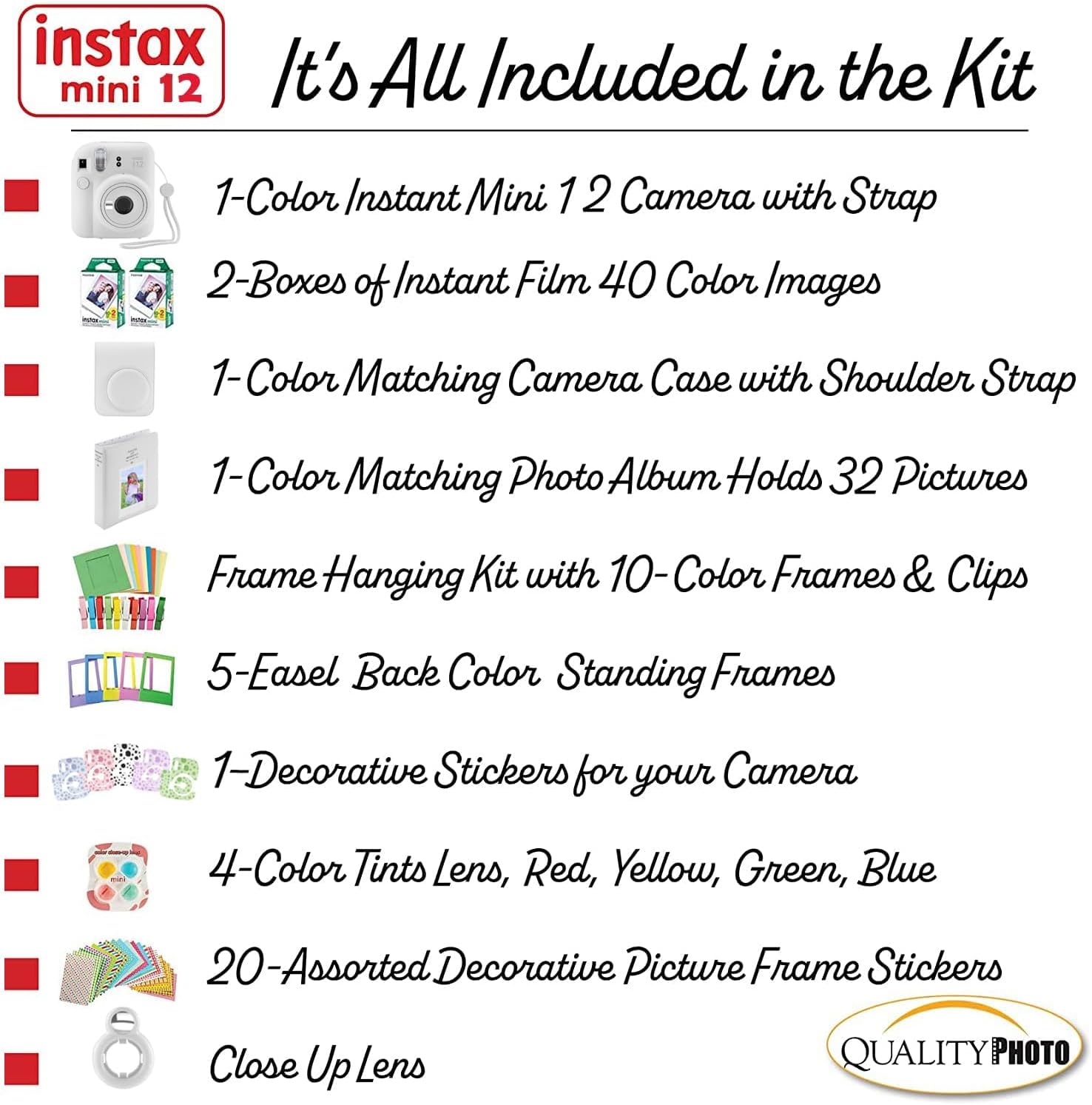 Fujifilm Instax Mini 12 Instant Camera with Case, 40 Fuji Films, Decoration Stickers, Frames, Photo Album and More Accessory kit (Clay White)