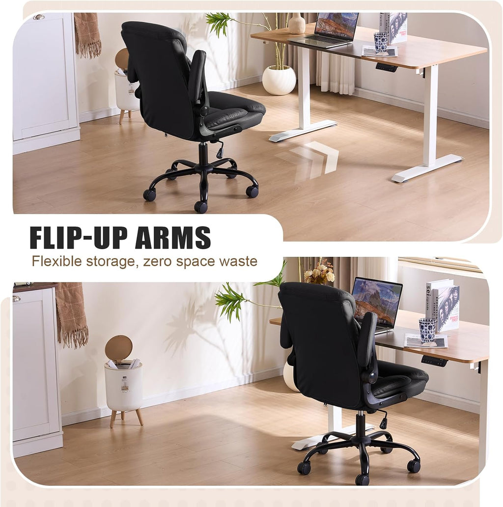 PU Leather Office Chair Comfy Home Office Desk Chairs, Ergonomic Executive Chair with Tilt Lock Back Support 360° Swivel, Small Computer Chair with Wheels and Padded Flip-Up Arms | Black