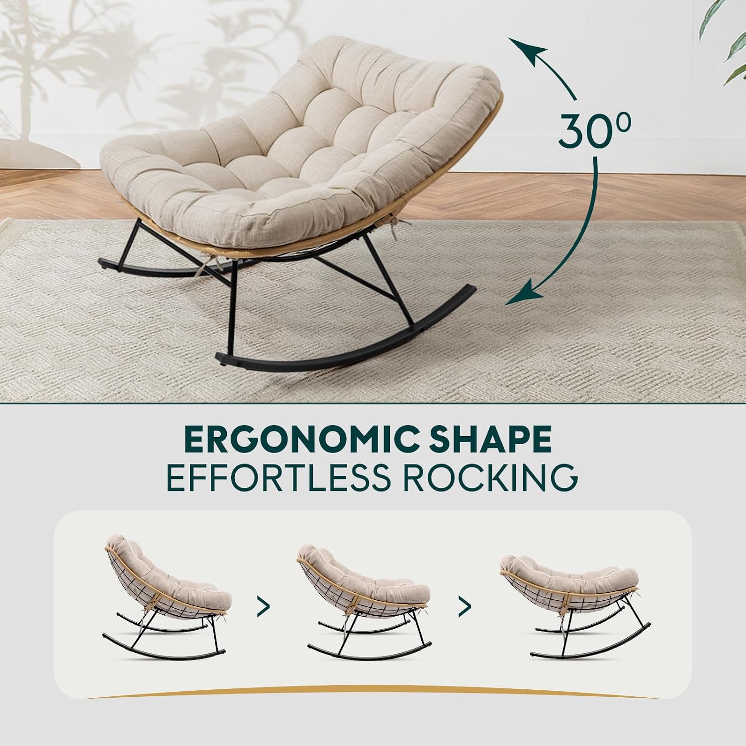 Bme Patio Rocking Chair Outdoor & Indoor, Metal Patio Lounge Rocking Chair with Thick Cushion, Comfy Modern Rocker Chair for Living Room, Porch, Backyard, Beige Cushion - Black Matte Rocker