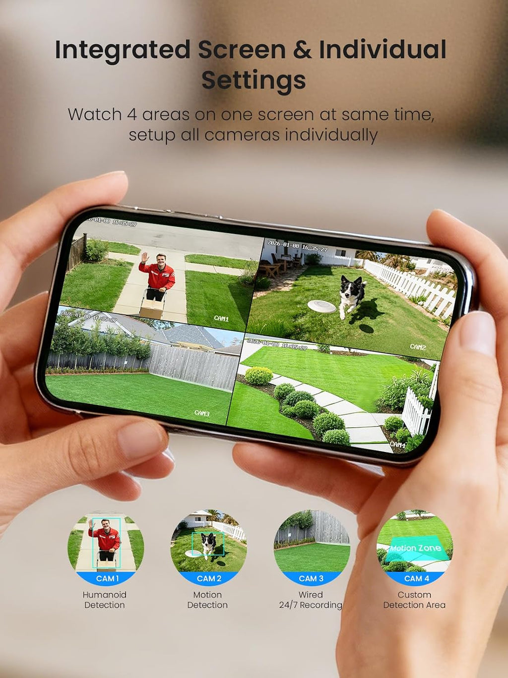Solar Cameras Outdoor Wireless, No Subscription, Expandable to 10CH, 4 Cam Kit, Home Security Camera System, 4MP Color Night Vision, 360° Pan&Tilt, PIR/AI Detection, 2.4G/5G WiFi, 64G SD Card