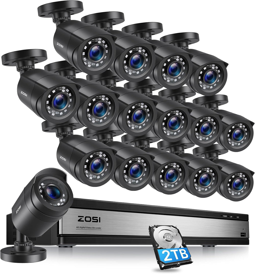 ZOSI H.265+ 16 Channel Security Camera System 1080p, Hybrid DVR Recorder with AI Human Vehicle Detect, 16 x 2MP CCTV Bullet Camera Outdoor Indoor, Night Vision, 90°Wide Angle, Remote Access, 2TB HDD