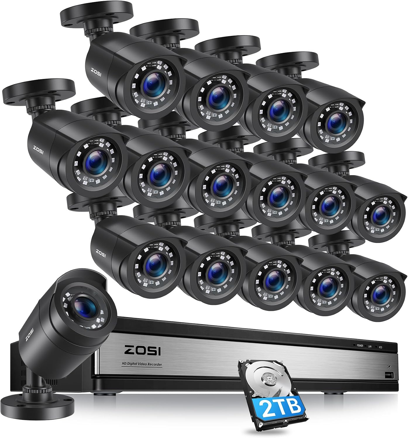 ZOSI H.265+ 16 Channel Security Camera System 1080p, Hybrid DVR Recorder with AI Human Vehicle Detect, 16 x 2MP CCTV Bullet Camera Outdoor Indoor, Night Vision, 90°Wide Angle, Remote Access, 2TB HDD