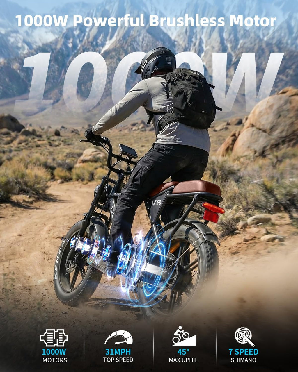 OUXI V8 Series Electric Bike for Adults, E Dirt Bike Peak 500W/1000W, 20/31 MPH, 10.4/15/30 AH Removable Battery, 16''/20' Fat Tire Electric Bike, 7-Speed Gear Electric Bicycles, Dual Disc Brakes
