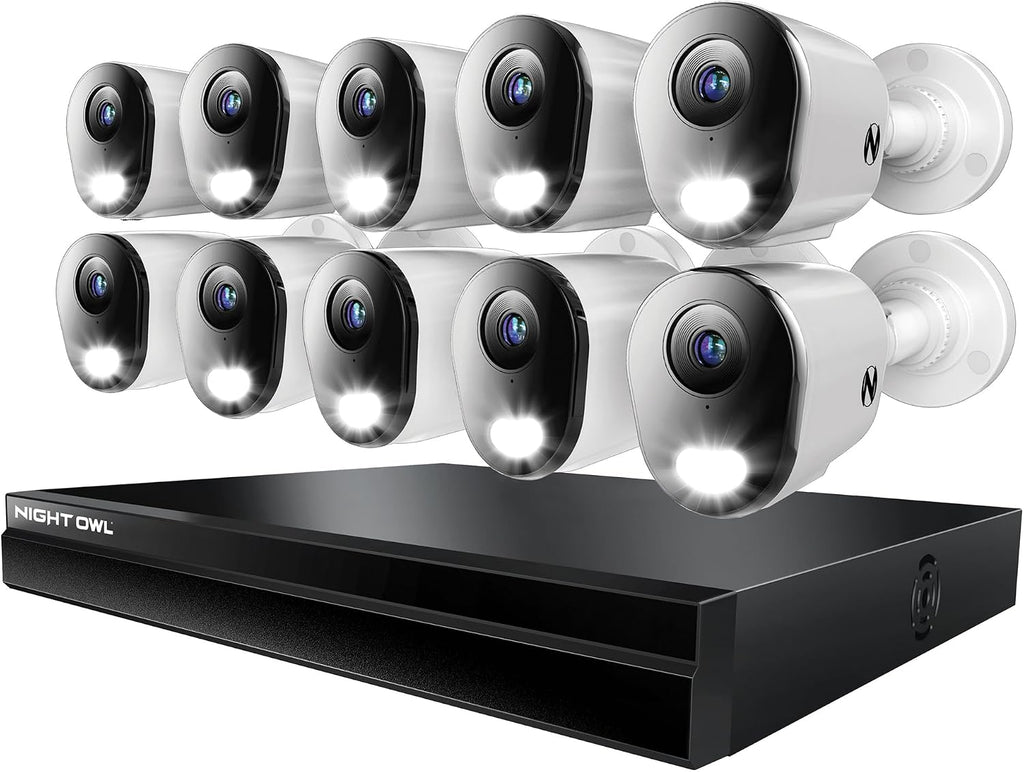 Night Owl Power Over Ethernet 24 Channel NVR Video Home Security Camera System with (10) Wired IP 4K HD Indoor/Outdoor Deterrence Bullet Cameras and 4TB Hard Drive (10 Camera Bullet)