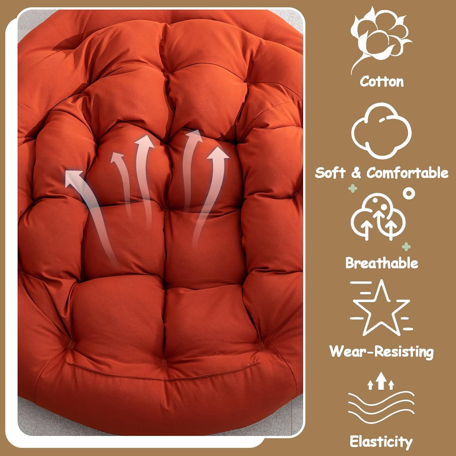 37' Papasan Rocking Chair with Cushion and Steel Frame, Oversized Outdoor Egg Rocking Chair, Rattan Circle Chairs for Grand Patio and Garden (Orange)