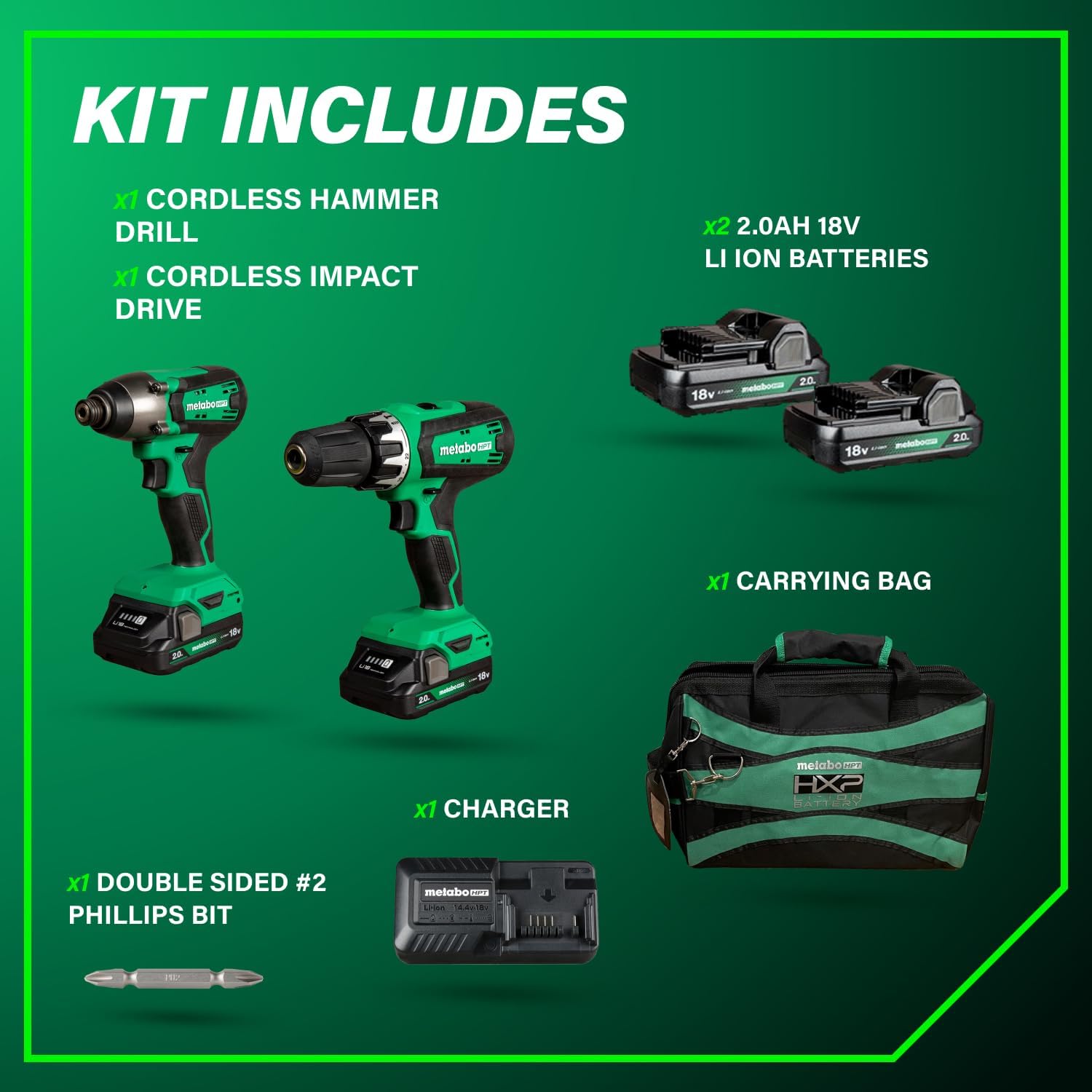 Metabo HPT 18V MultiVolt Cordless Hammer Drill and Impact Driver Combo Kit, Cordless Power Tool Set with 2 Lithium-Ion Batteries and Charger, Lightweight and Ergonomic Design, Carrying Bag, KC18DFX