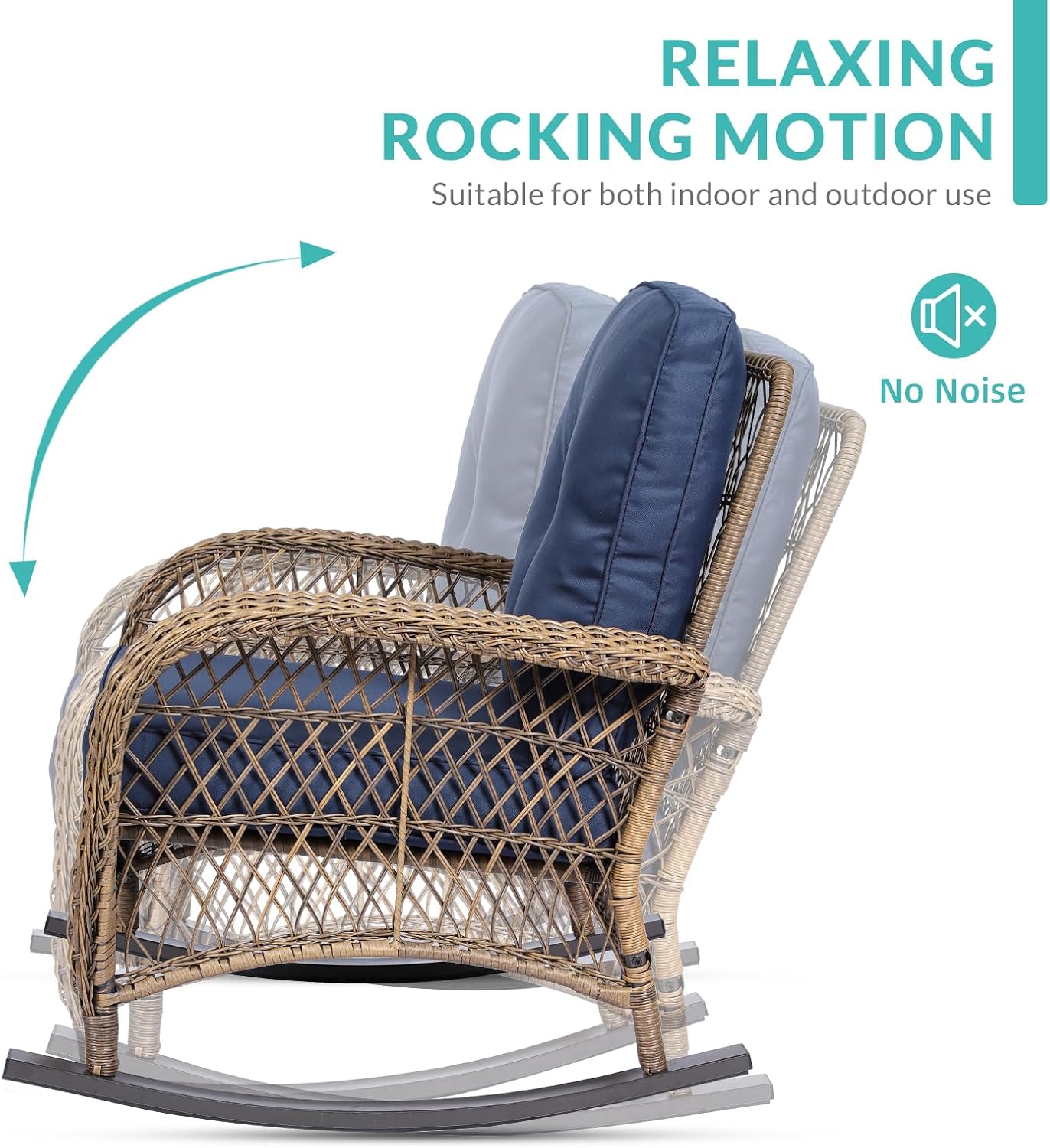 MEETWARM Outdoor Wicker Rocking Chairs Set of 2, Rattan Patio Rocker Chairs with Thick Cushions and High Back, All-Weather Patio Wicker Chair with Safe Rocking Design for Garden, Brown/Navy Blue