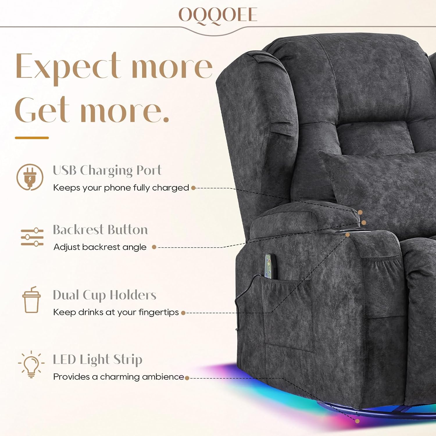 Power Swivel Rocker Recliner Chair with Massage & Heat, Dual Motor Electric Glider Rocking Recliner with USB Ports, Cup Holders & LED Light for Living Room, Home Theater (Grey)