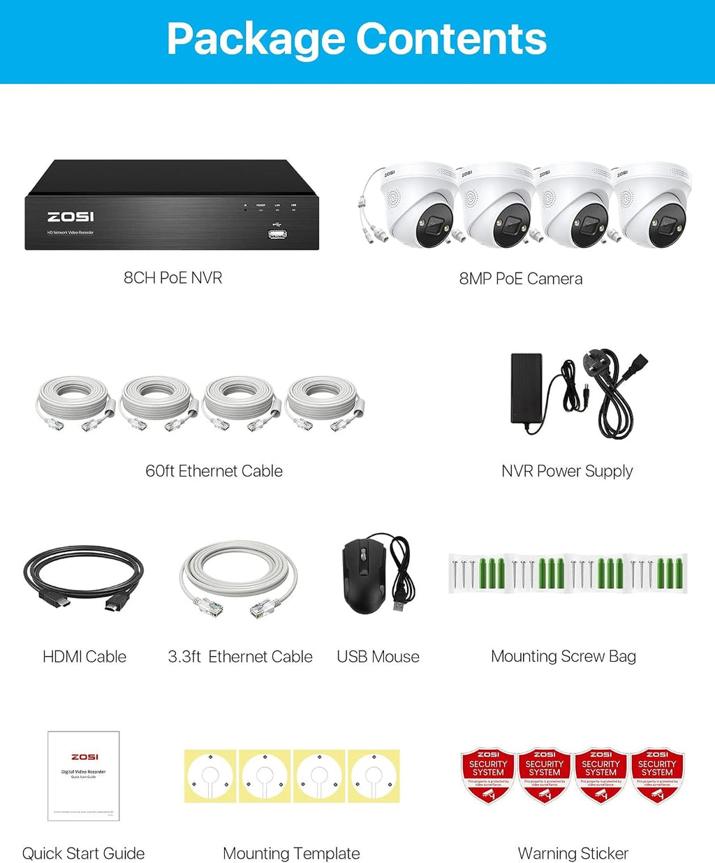 ZOSI 4K PoE CCTV Security Camera System, 4x8MP Person Vehicle Detection PoE IP Cameras Indoor Outdoor, 8 Ports 16CH 4K CCTV System NVR with 2TB HDD,Color Night Vision,Smart Light Siren, 2-Way Audio