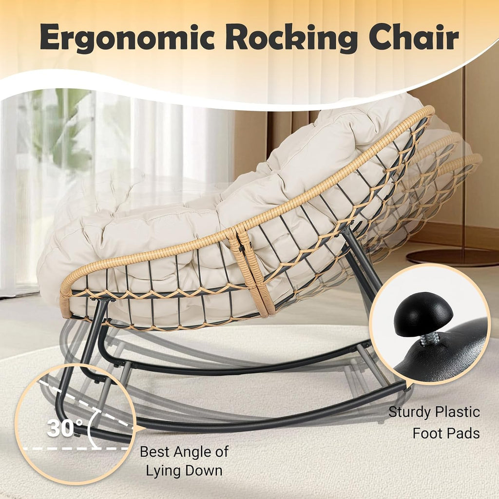 PROHIKER Outdoor Papasan Rocking Chair, Indoor Egg Rocking Chair with Thick Cushion, Oversized Wicker Rattan Patio Lounge Chairs for Backyard, Balcony, Living Room (Beige)