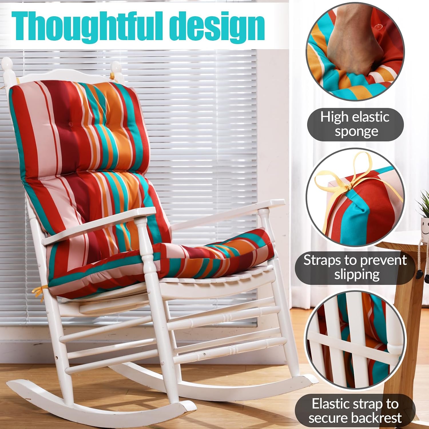 6 Pack High Back Outdoor Chair Cushions Bulk Waterproof Indoor Outdoor Chair Cushion Seat and Back Rocking Chair Cushion Thickened Patio Chair Pad for Indoor and Outdoor (Colorful Strip)