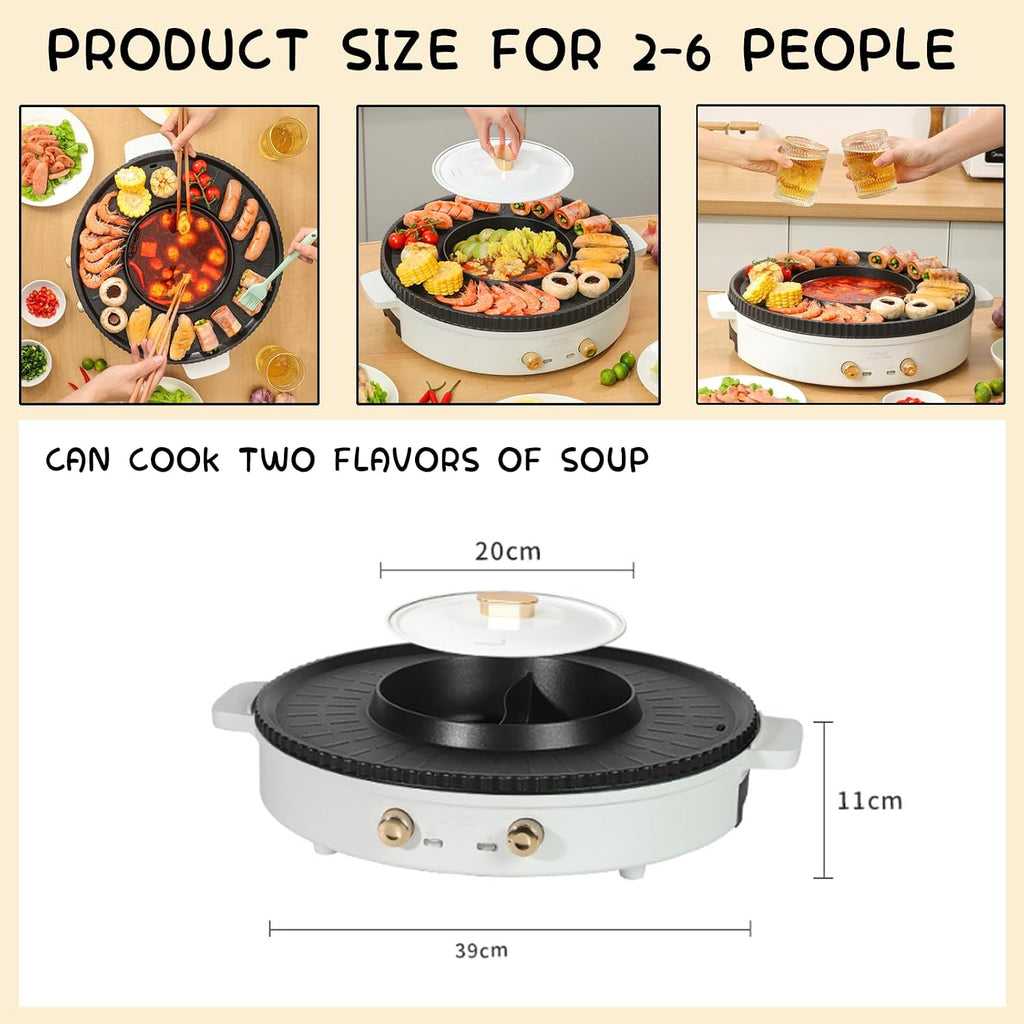 Household Electric Hot Pot with Grill, Teppanyaki Grill Pot and BBQ Pan, Independent Temperature Control, Non-stick Coating, Easy to Clean, For 2-6 People to Enjoy, 1500 W,A