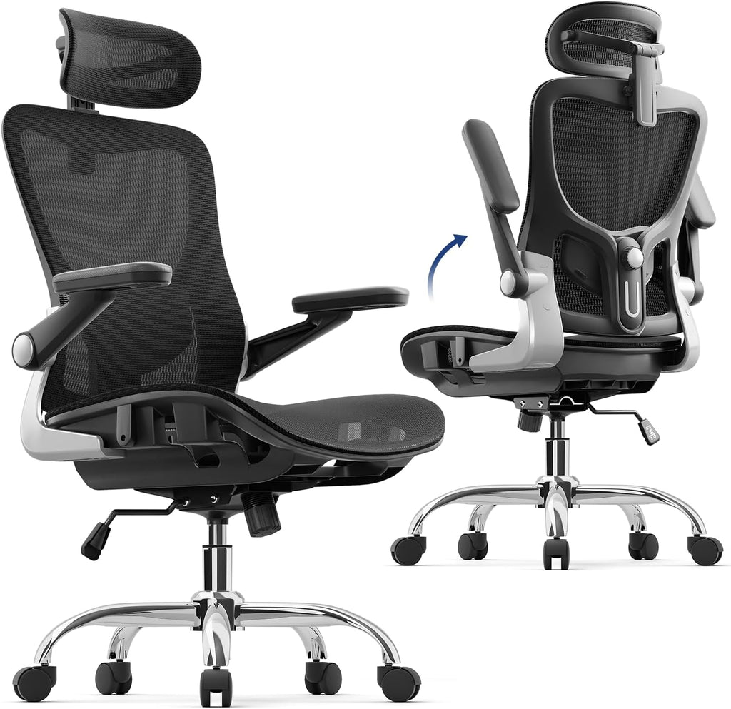marrap Ergonomic Office Chair, Mesh Seat Cushion with 3D Armrests and 3D Headrest, Adjustable Lumbar Support with 90-120° Rocking Function for Home Office, Black