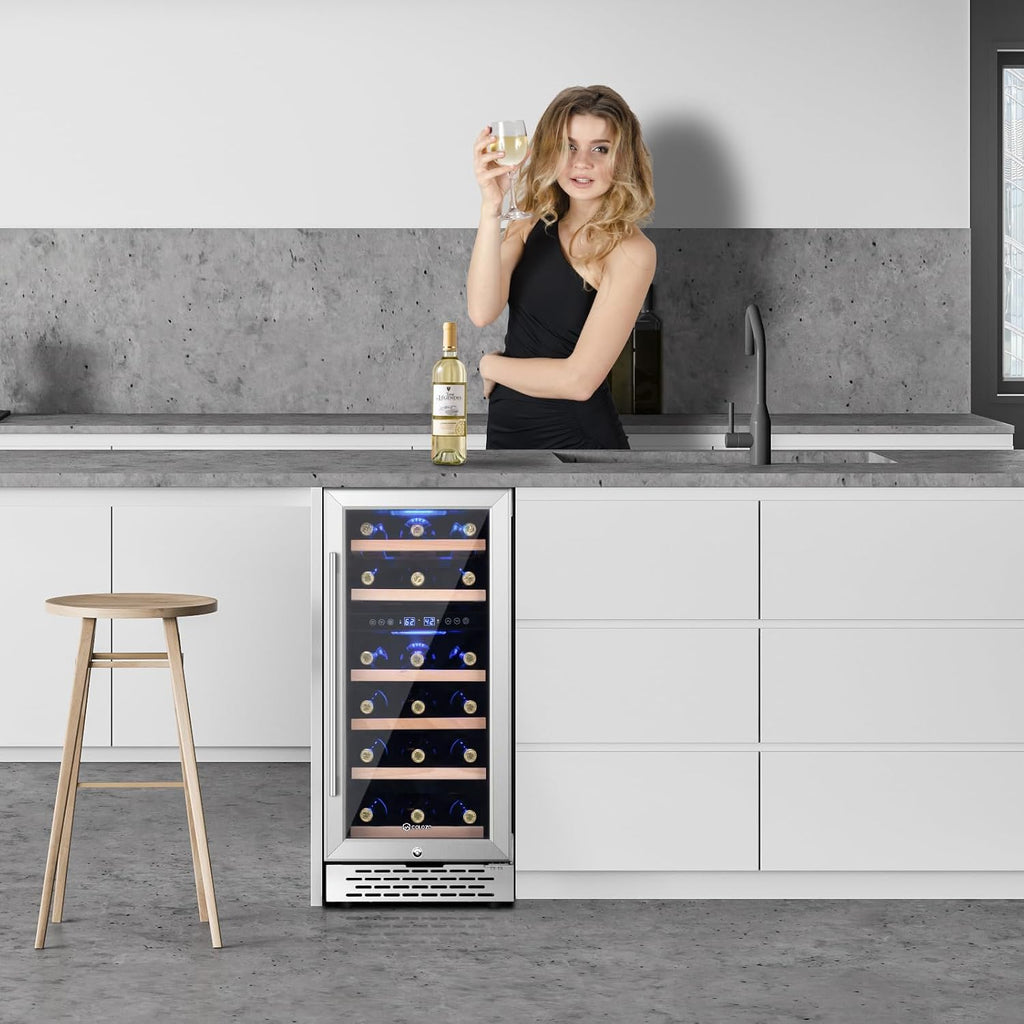 15 Inch Wine Cooler Refrigerator Under Counter, 28 Bottle Dual Zone Wine Fridge, Stainless Steel Built-in/Freestanding Wine Cooler, 40-65°F Tempered Glass Door/Temperature Memory Fit Red & White Wine