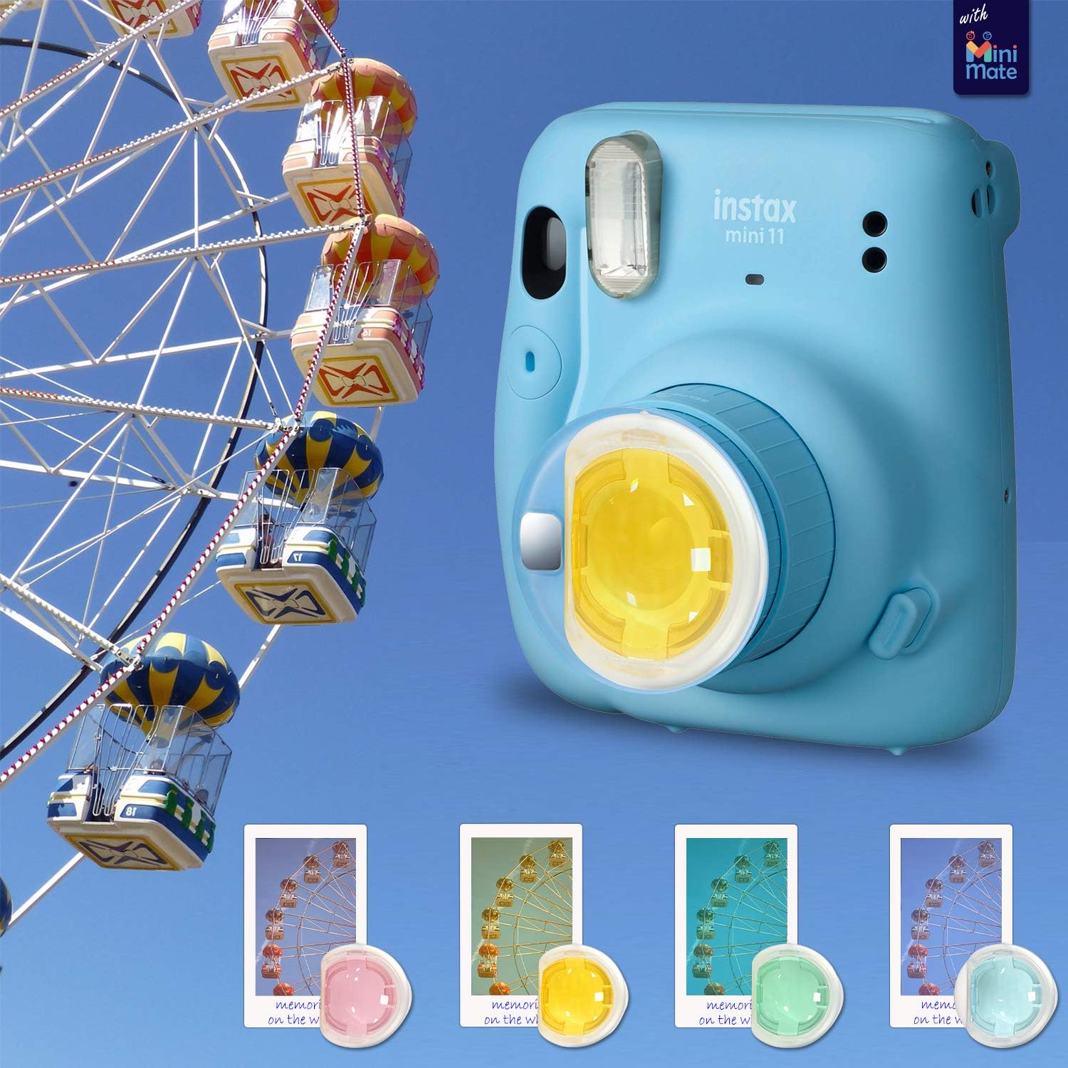 Fujifilm Instax Mini 11 Instant Camera Ice White + MiniMate Accessories Bundle + Fuji Instax Film Value Pack (40 Sheets) Accessories Bundle, Color Filters, Album, Frames