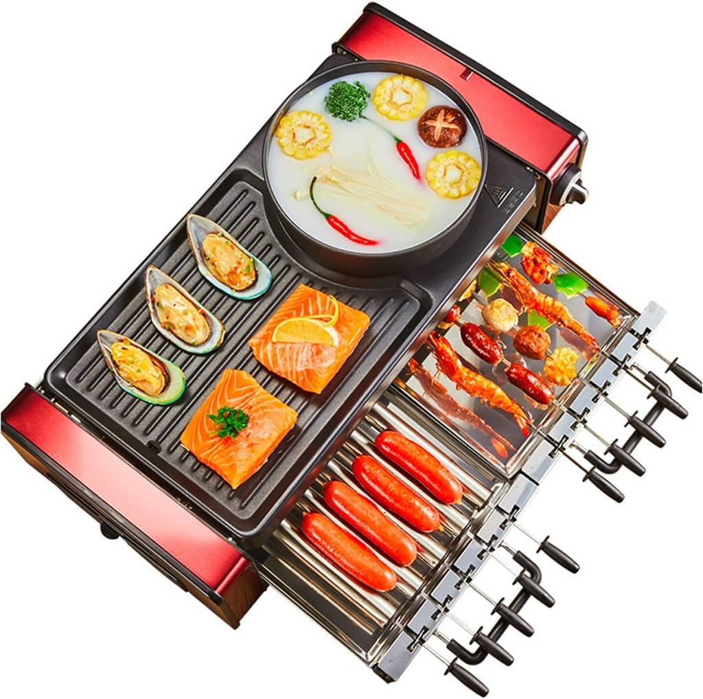 YYDS Hot Pot Household Automatic Rotating Electric Barbecue Grill Removable Hot Pot Roasting and Shabu One-Piece Pot Electric Grill (Color : Red)