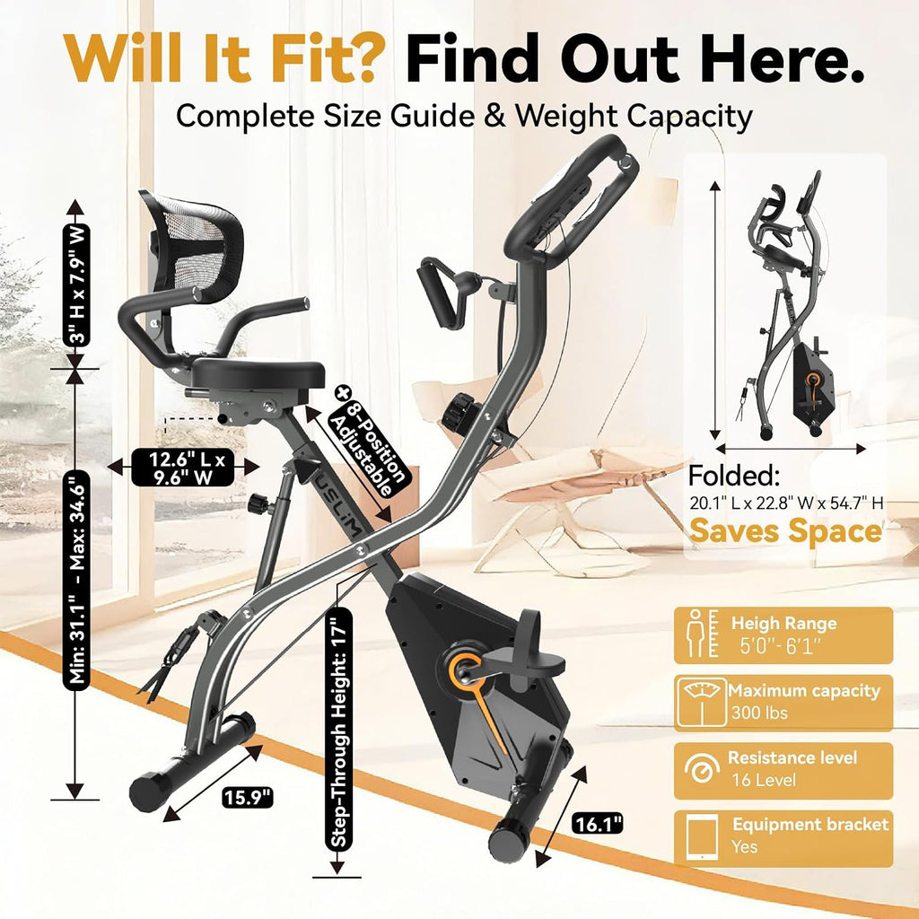 USLIM Foldable Exercise Bike Stationary Bikes for Home, 5 IN 1 Indoor Workout Bike, Cycling Bike with 16-Level Quiet Magnetic Resistance, 6.6 LBS Flywheel and 300LBS Capacity for Senior and Home Workout