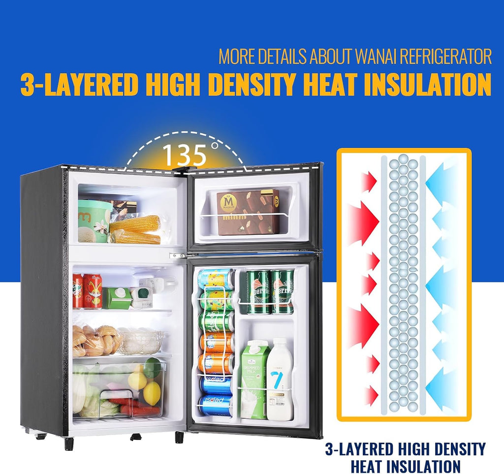 WANAI 3.5 Cu.Ft Mini Fridge With Freezer Freestanding Refrigerator with Freezer,7 Level Adjustable Thermostat Removable Shelves Small Refrigerator for Office Dorm Apartment Grey
