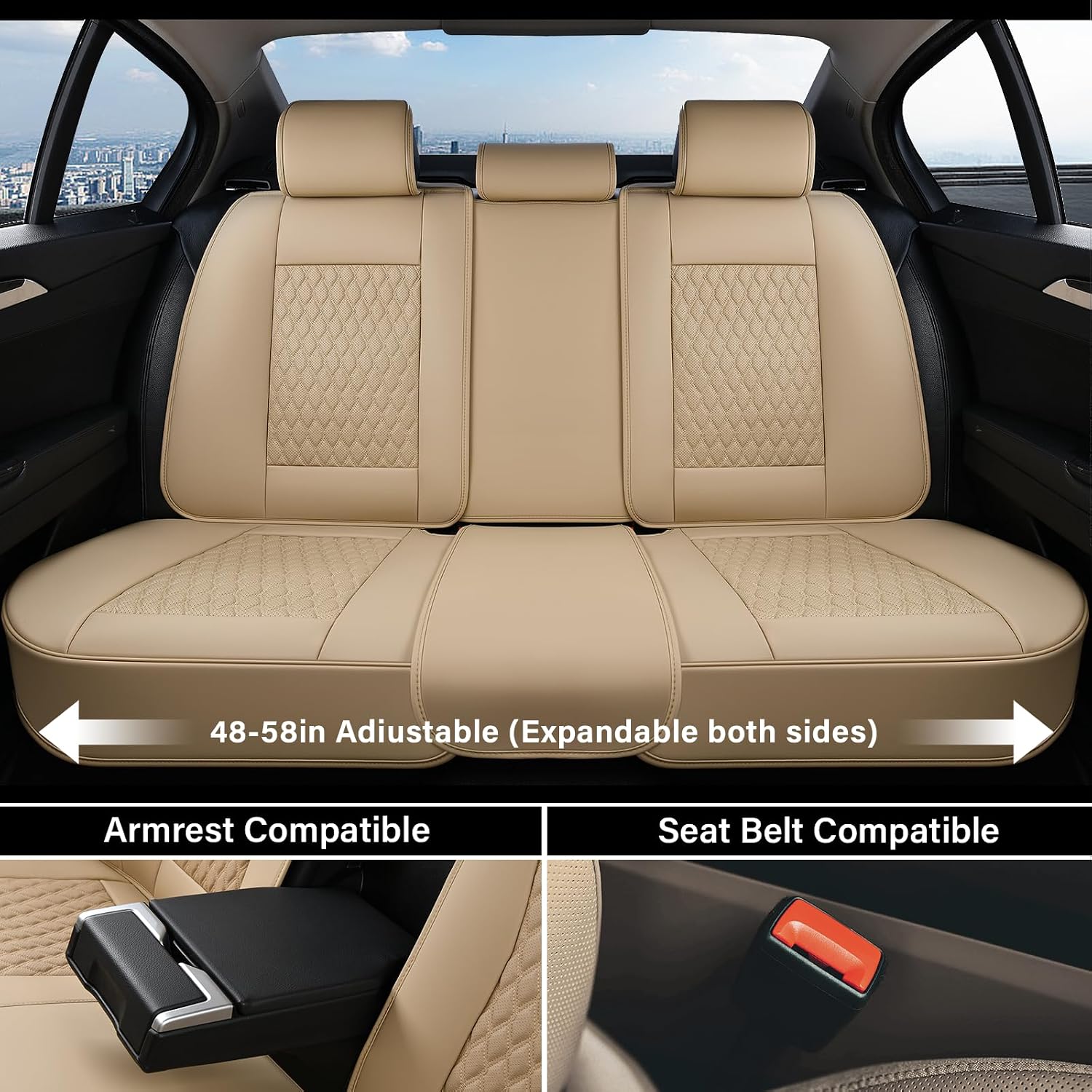 Coverado Leather Rear Seat Covers for Cars, Waterproof Back Seat Cover, Universal Automotive Seat Cushion Protector for Most Cars Trucks SUV (Beige)