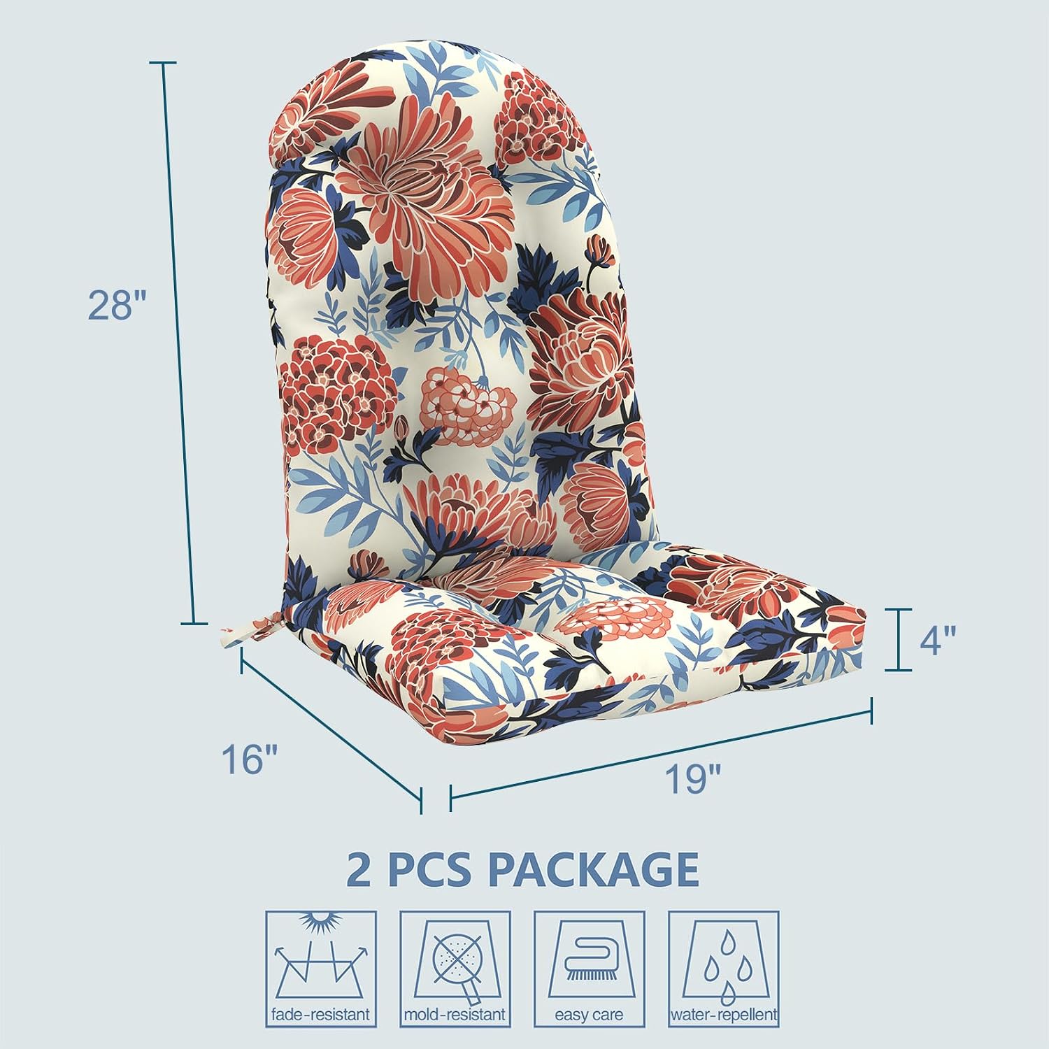 LVTXIII 2 Pack Outdoor Adirondack Chair Cushions, 44x19x4 Inch Water Repellent Patio Cushions for Rocking Chairs, Thick Tufted High Back Seat Cushion Set, Vibrant Blossom