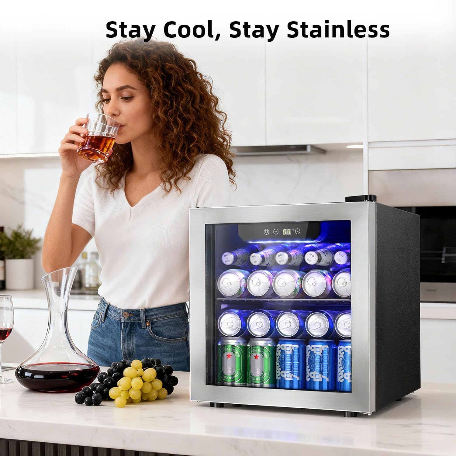 Antarctic Star 48 Can Beverage Refrigerator, 12 Bottle Mini Fridge with Seamless Stainless Steel Glass Door, Digital Temperature Display, Countertop Wine Cooler for Home Bar, Office, Kitchen, Silver
