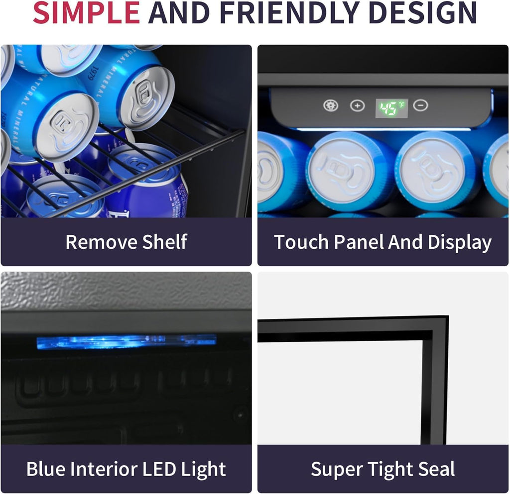 Icyglee 48 Can Beverage Refrigerator Cooler, Mini Fridge Glass Door with Adjustable Shelves, Freestanding Beverage Fridge with Blue LED for Home/Office/Dorm/Bar, 1.3 Cu.ft