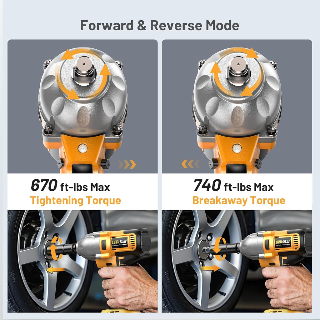 TaskStar Cordless Impact Wrench 740 Ft-lbs(1000N.m) 3300RPM High Torque 1/2 Inch Impact Gun, Electric Impact Driver, Brushless Motor, 2x4.0Ah Battery Fast Charger for Car Tires Truck Mower