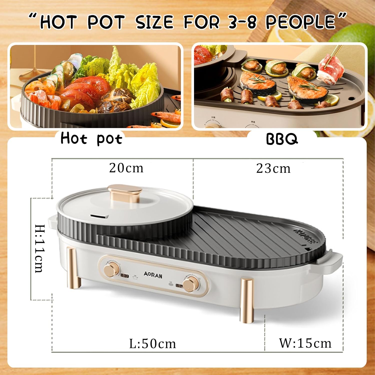 Household Electric Hot Pot with Grill, Teppanyaki Grill Pot and BBQ Pan, Independent Temperature Control, Non-stick Coating, Easy to Clean, For 3-8 People to Enjoy, 2200 W