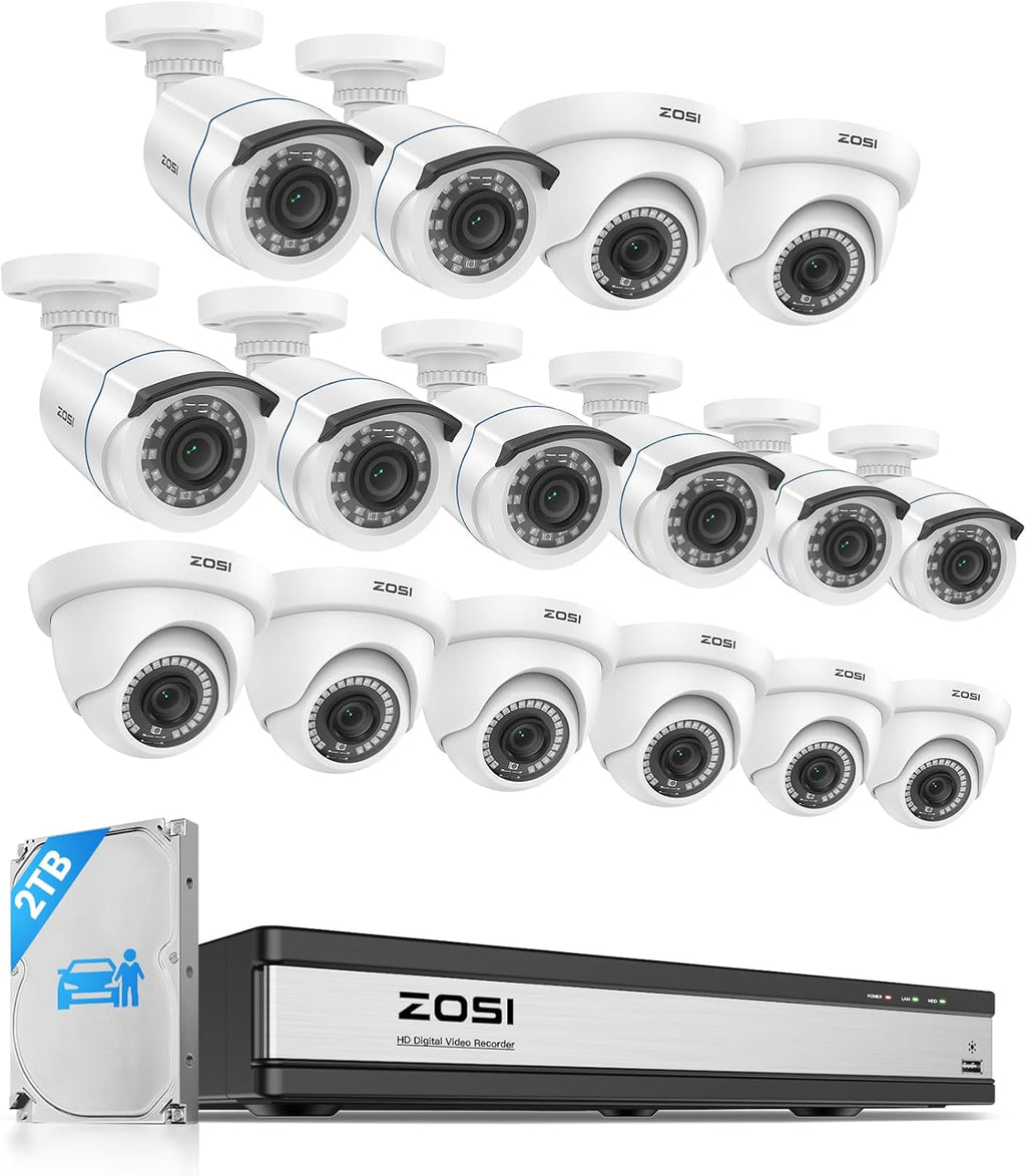 ZOSI H.265+ 1080p 16 Channel Security Camera System, 16CH DVR with AI Human Vehicle Detect, 12 x 2MP Weatherproof Surveillance CCTV Bullet Dome Camera Outdoor, Night Vision, Remote Access, 2TB HDD
