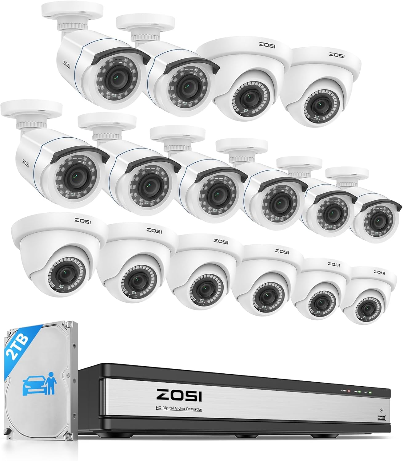 ZOSI H.265+ 1080p 16 Channel Security Camera System, 16CH DVR with AI Human Vehicle Detect, 12 x 2MP Weatherproof Surveillance CCTV Bullet Dome Camera Outdoor, Night Vision, Remote Access, 2TB HDD