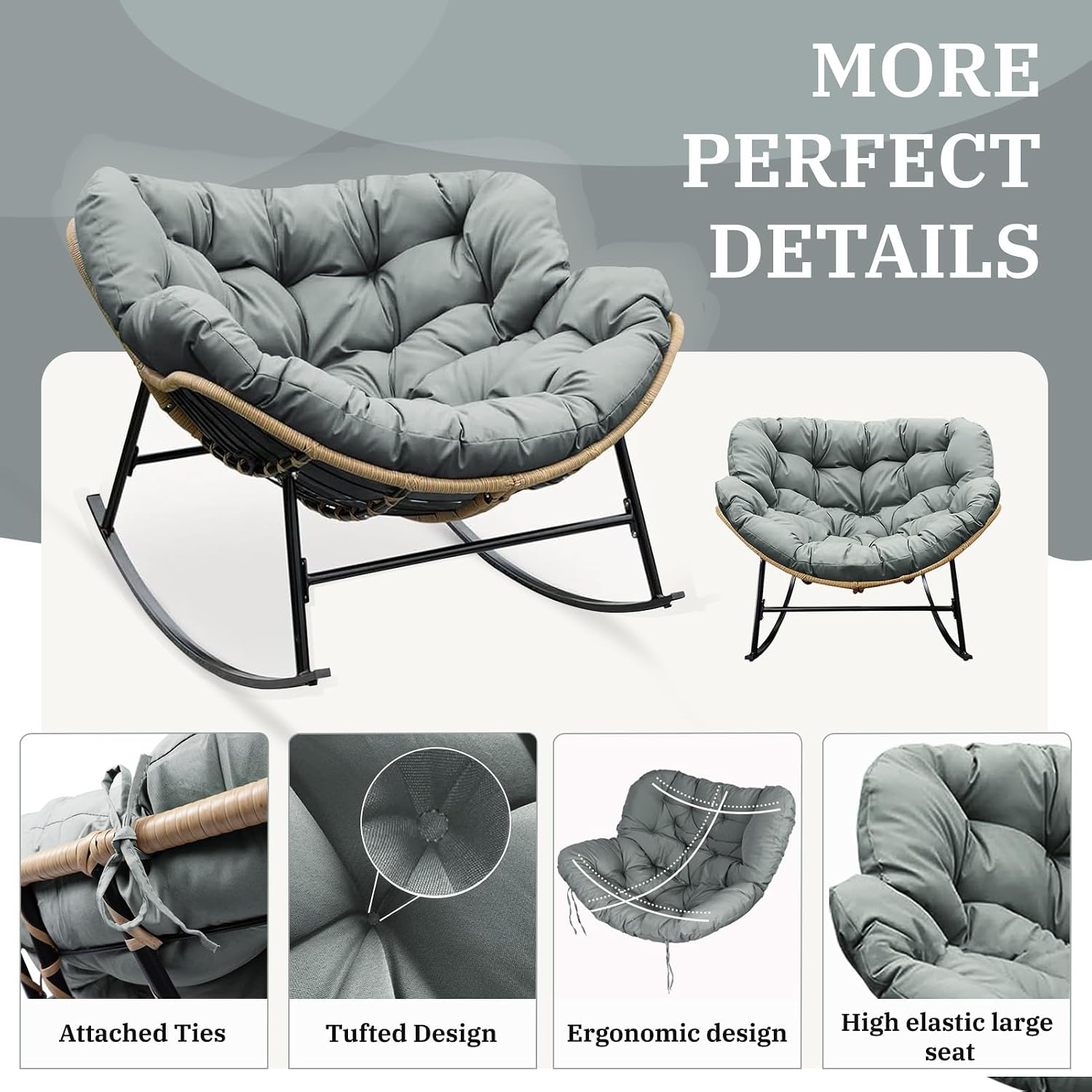 Outdoor Papasan Chair Cushion, 6.3in Rocking Chairs Cushion, Waterproof Patio Egg Chair Cushions for Indoor Outdoor Garden, Porch, Balcony (Light Gray)