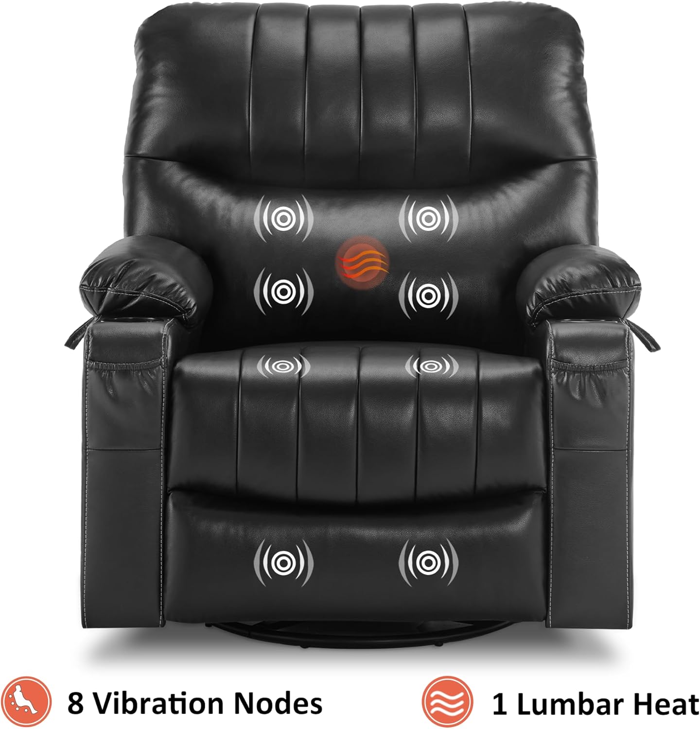 MCombo Oversized Swivel Glider Rocker Power Recliner Chair for Living Room with Heat and Vibration Massage, USB Ports, Cup Holders and Pockets, Faux Leather 7785 (Black)