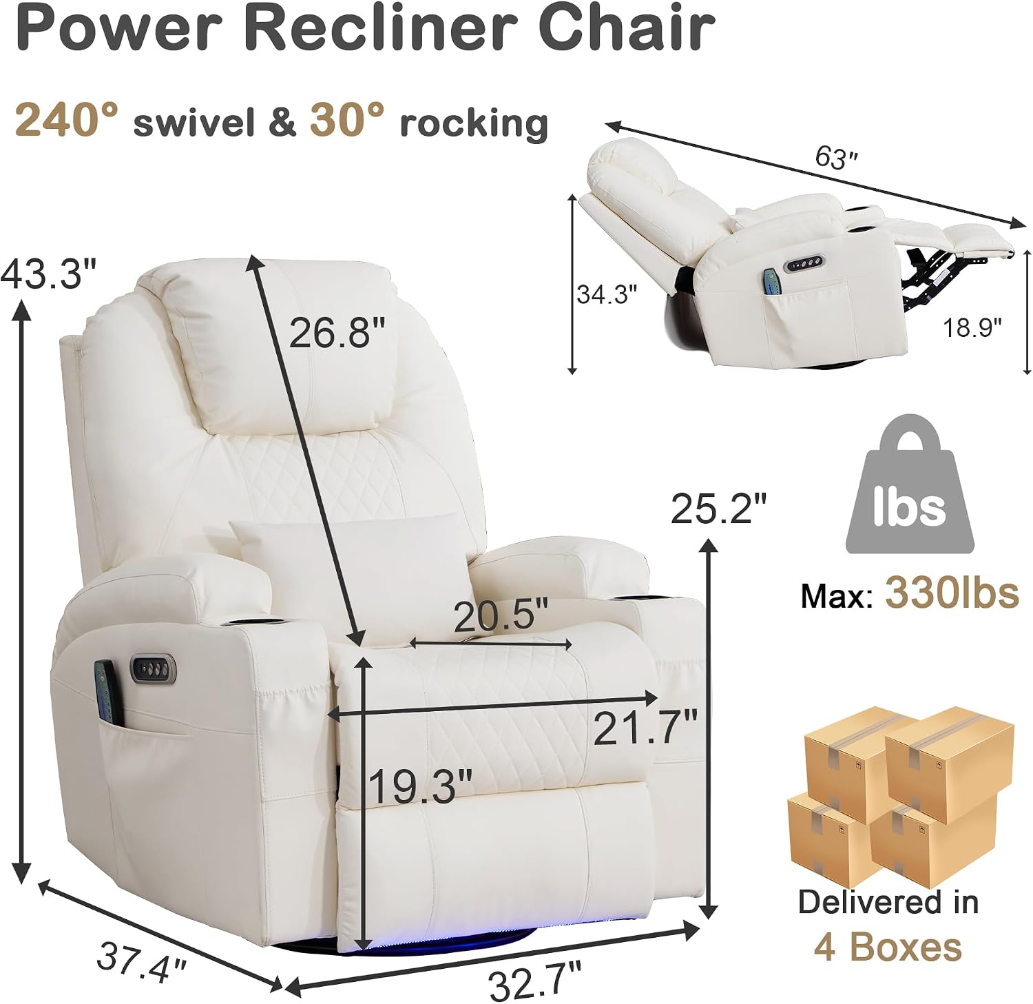 Power Swivel Rocker Recliner with Dual Motor, 240° Electric Glider Recliner with Heat & Massage, Rocking Chair Theater Seating with LED/Lumbar Pillow/USB Port/Cup Holders（Faux Leather Beige, 2）