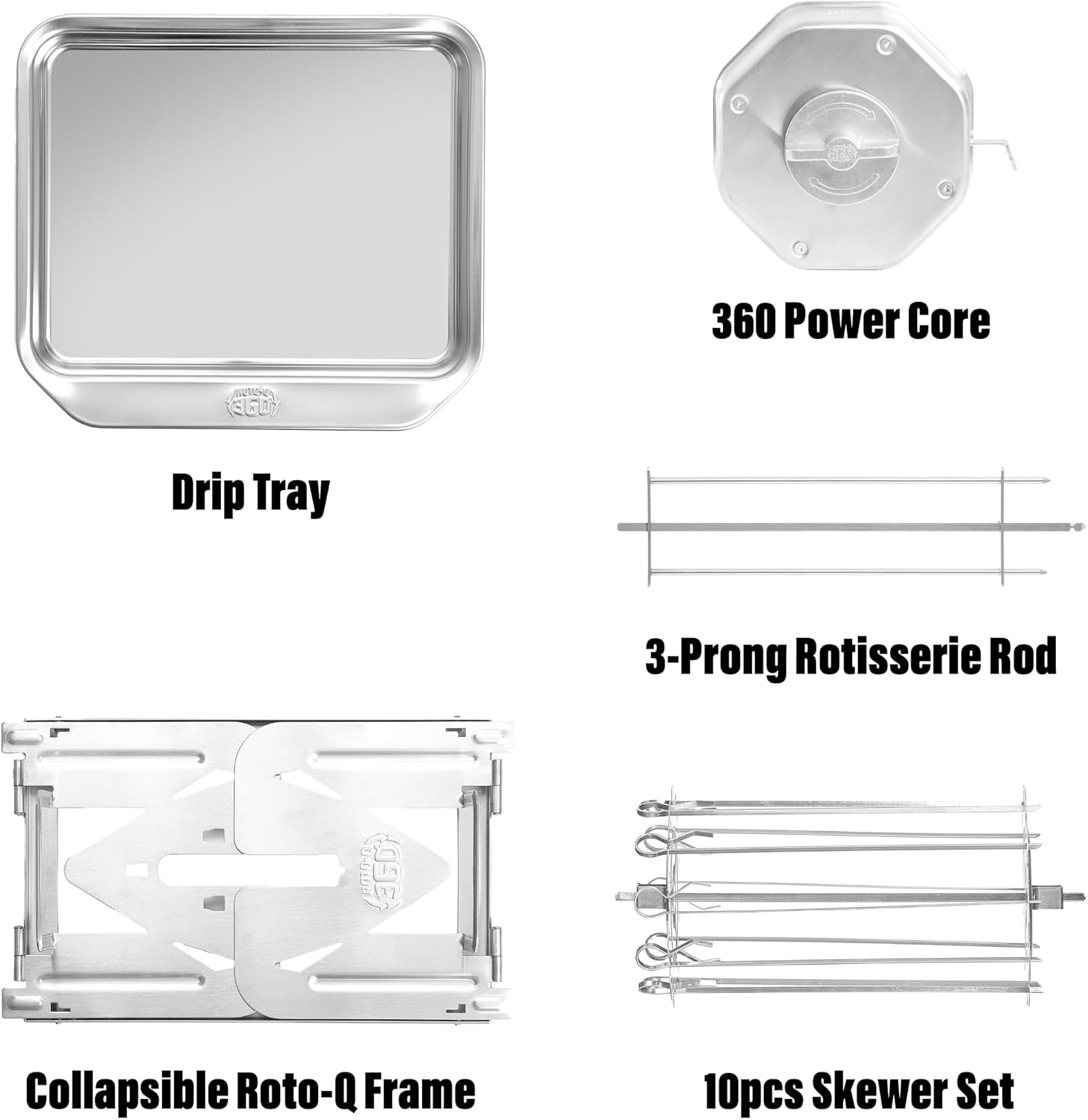 ROTO-Q 360 Non-Electric Rotisserie Kit with 10-Piece Skewer Set - Cordless Spit Roaster for Grills, Ovens, Smokers, BBQs - Indoor & Outdoor Cooking (Stainless Steel)