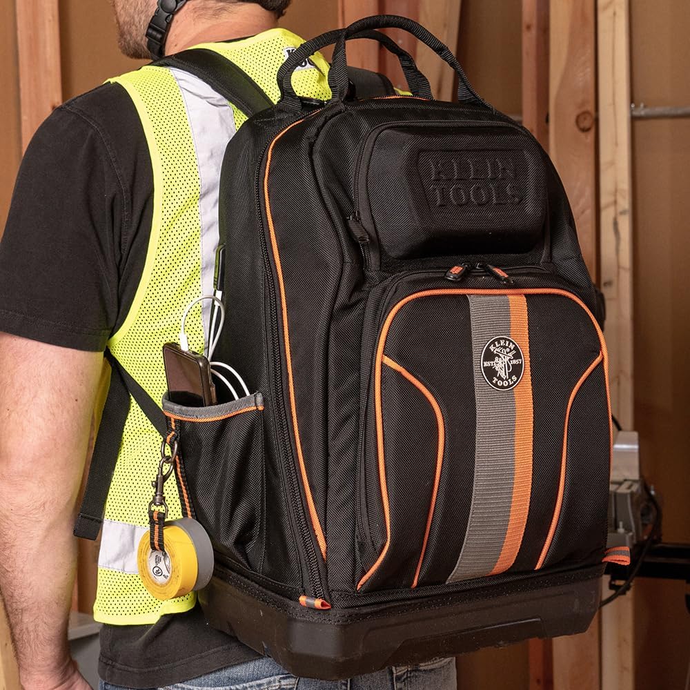 Klein Tools 62800BP Backpack Tool Bag, Tradesman Pro Extra-Large 40-Pocket Electrician Jobsite Backpack with Molded Bottom, Charging Port