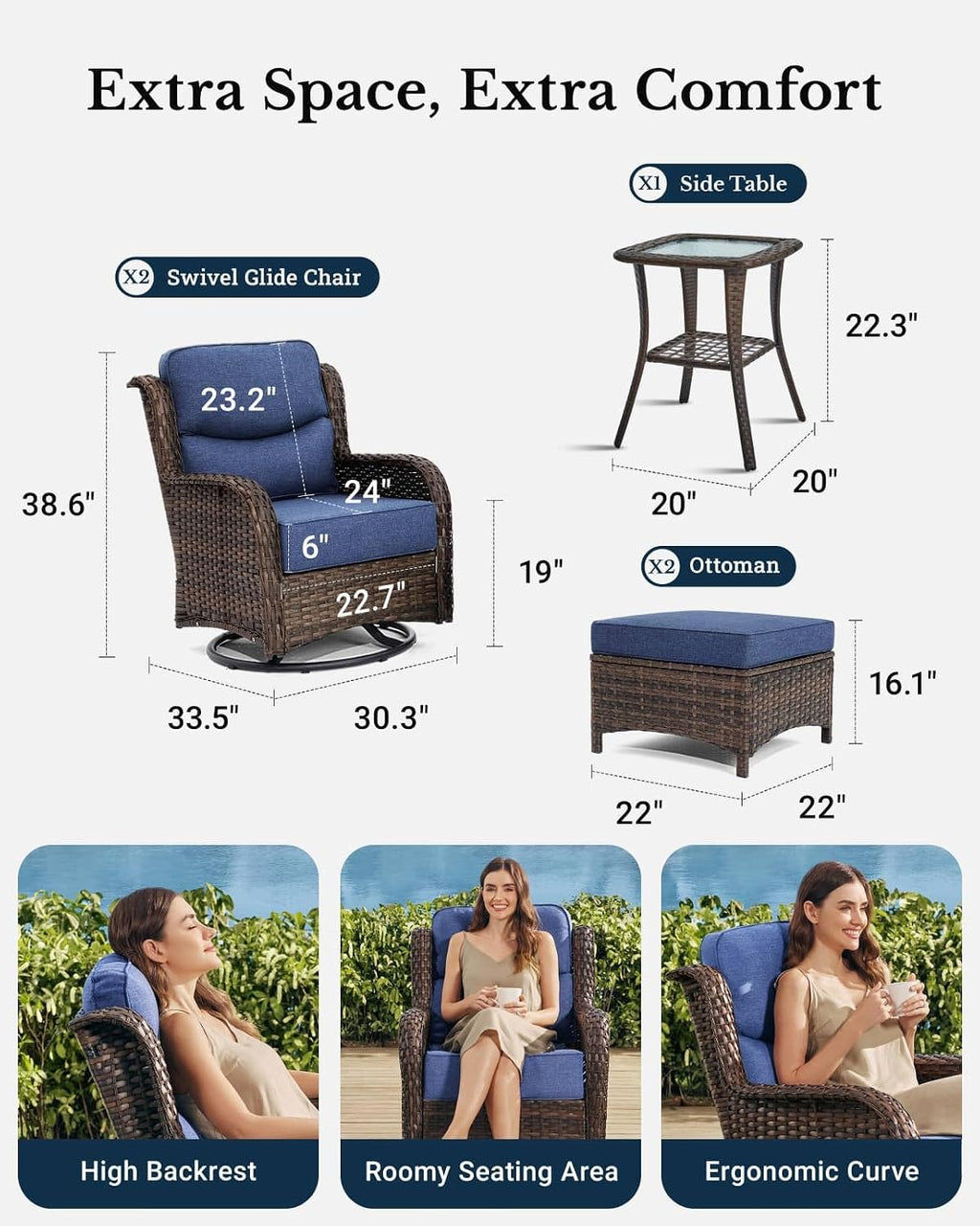 HILLGA Luxury Outdoor Swivel Rocker Patio Chairs of 2 with 6 Inch Thick Cushions and Side Table, Swivel Outdoor Chairs 5PCS High Back Wicker Patio Furniture Set for Porch, Balcony, Deck in Blue