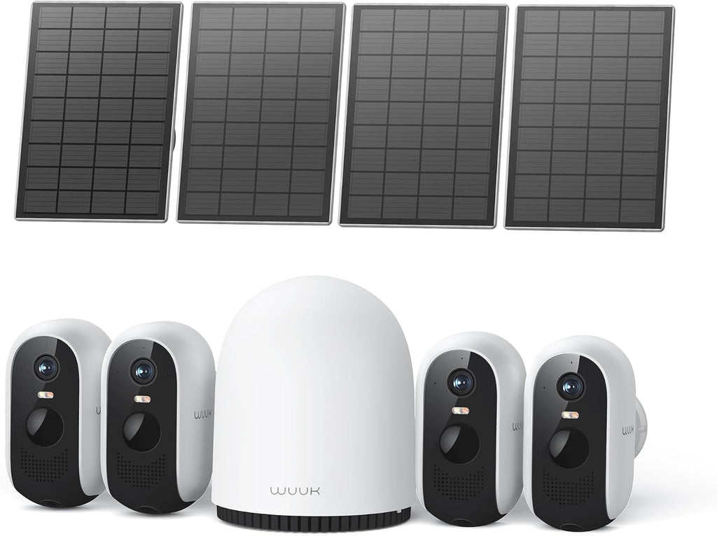 WUUK Solar Security Cameras Wireless Outdoor, Home Surveillance System, 2K, No Monthly Fee, Motion Alert, Night Vision, 2.4/5 GHz WiFi, 32G Local Storage, Compatible with Alexa & Google, 4-Camera Kit