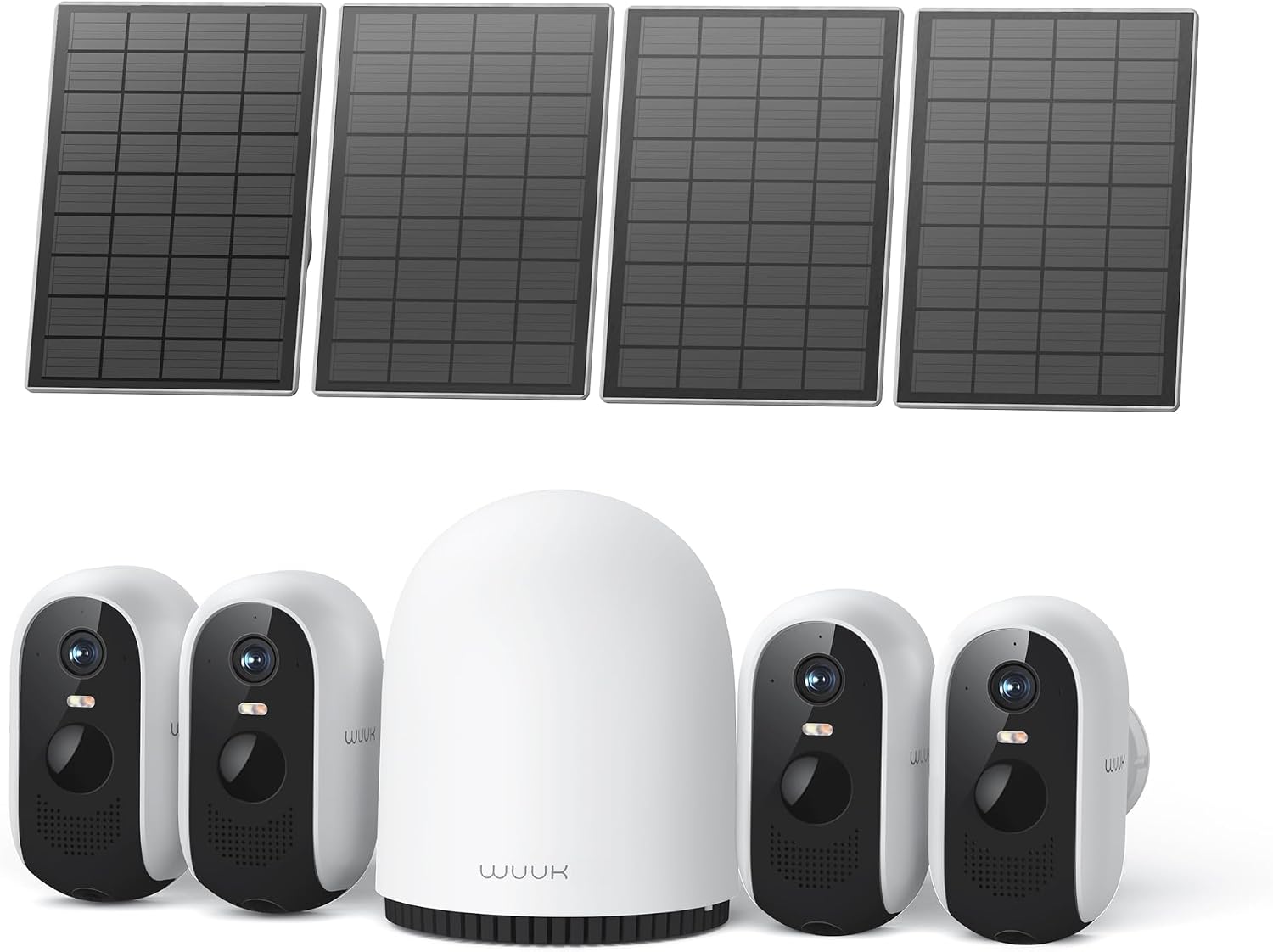 WUUK Solar Security Cameras Wireless Outdoor, Home Surveillance System, 2K, No Monthly Fee, Motion Alert, Night Vision, 2.4/5 GHz WiFi, 32G Local Storage, Compatible with Alexa & Google, 4-Camera Kit