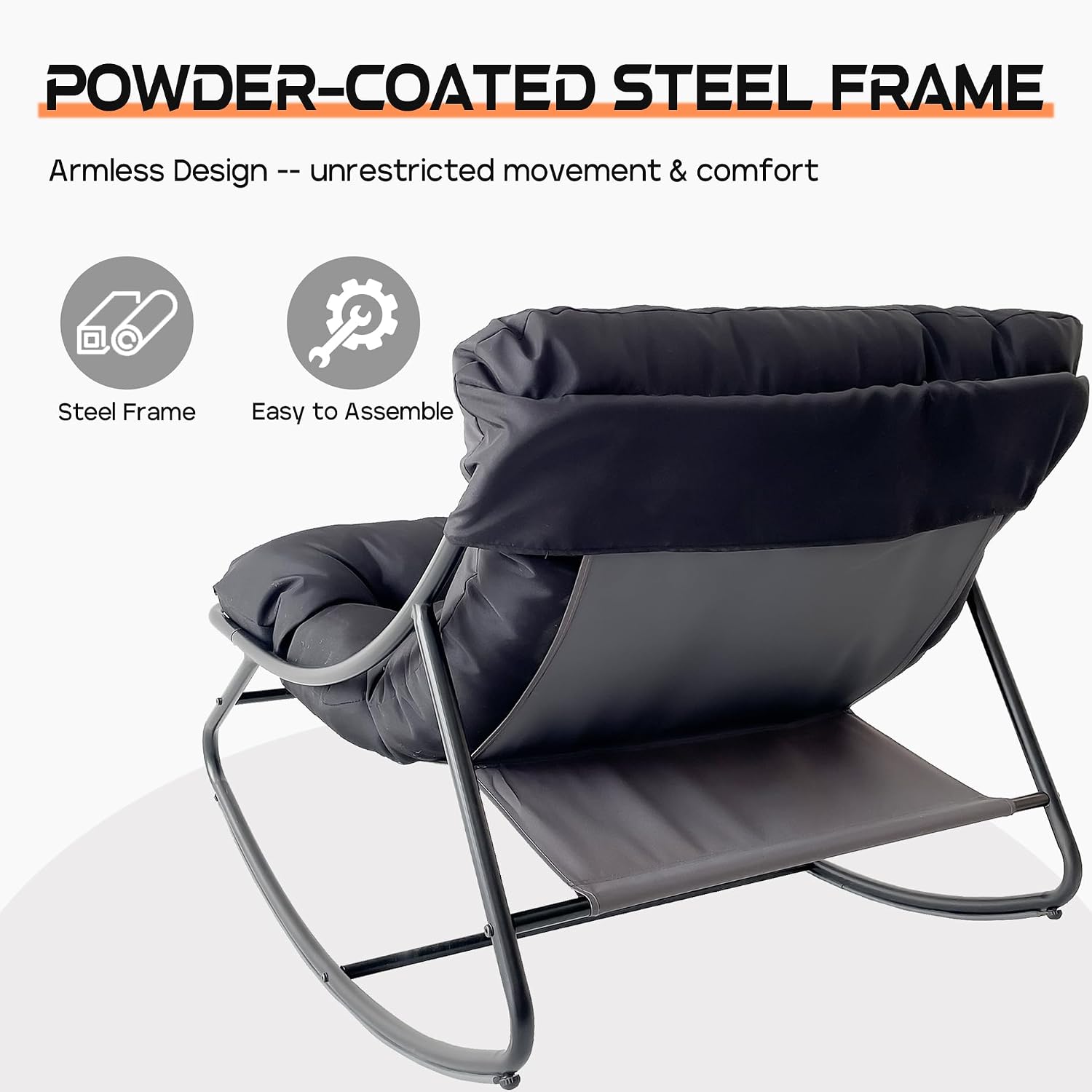 Outdoor Papasan Rocking Chair with Cushion, Oversized Rocking Chair with Ottoman, Modern Cozy Lounge Rocker Chair, Comfy Egg Chairs for Indoor Balcony Porch Patio, Grey