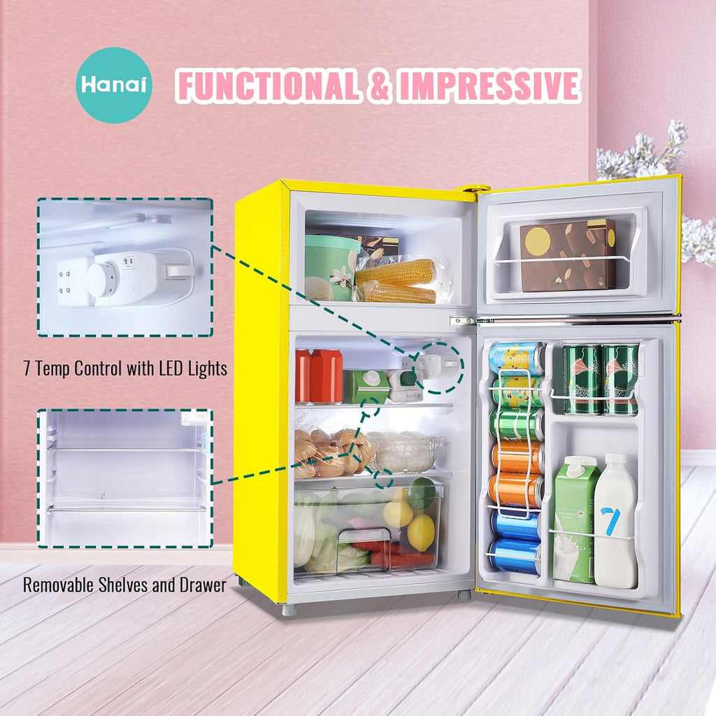 WANAI 3.5 Cu.ft Small Refrigerators Retro Mini Fridge with Freezer Yellow Full-sized Fridge Dual Door Dual Handle Classic Removable Glass Shelves Adjustable Thermostat for Home Office Dorm RV
