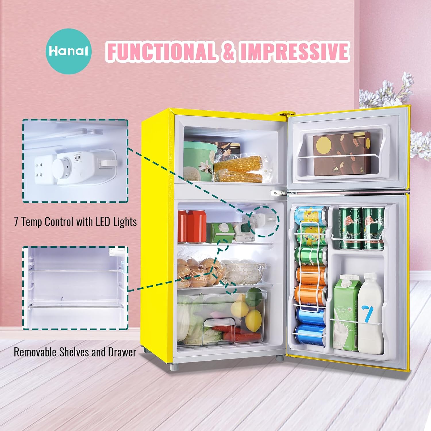 WANAI 3.5 Cu.ft Small Refrigerators Retro Mini Fridge with Freezer Yellow Full-sized Fridge Dual Door Dual Handle Classic Removable Glass Shelves Adjustable Thermostat for Home Office Dorm RV