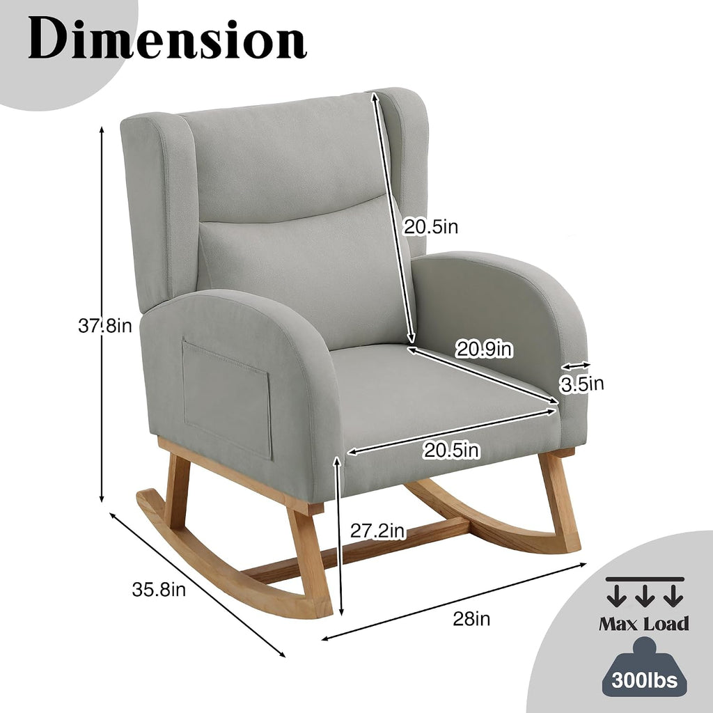 Nursery Rocking Chairs, Upholstered Rocking Chairs Glider Rocker for Living Room,Bedroom, Comfy Linen Glider Rocker Nursing Chair Wingback with Side Pocket for Nursing Adult Light Grey
