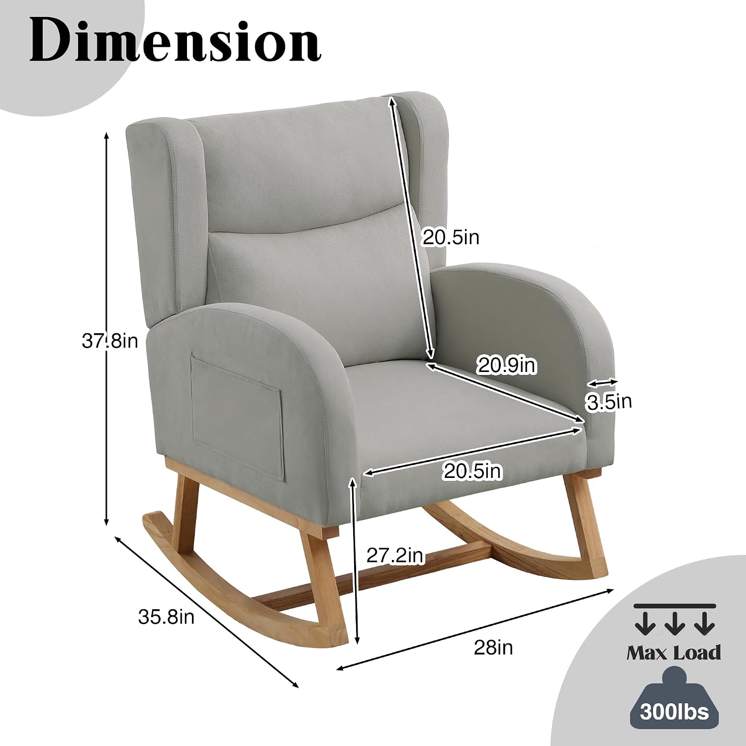 Nursery Rocking Chairs, Upholstered Rocking Chairs Glider Rocker for Living Room,Bedroom, Comfy Linen Glider Rocker Nursing Chair Wingback with Side Pocket for Nursing Adult Light Grey
